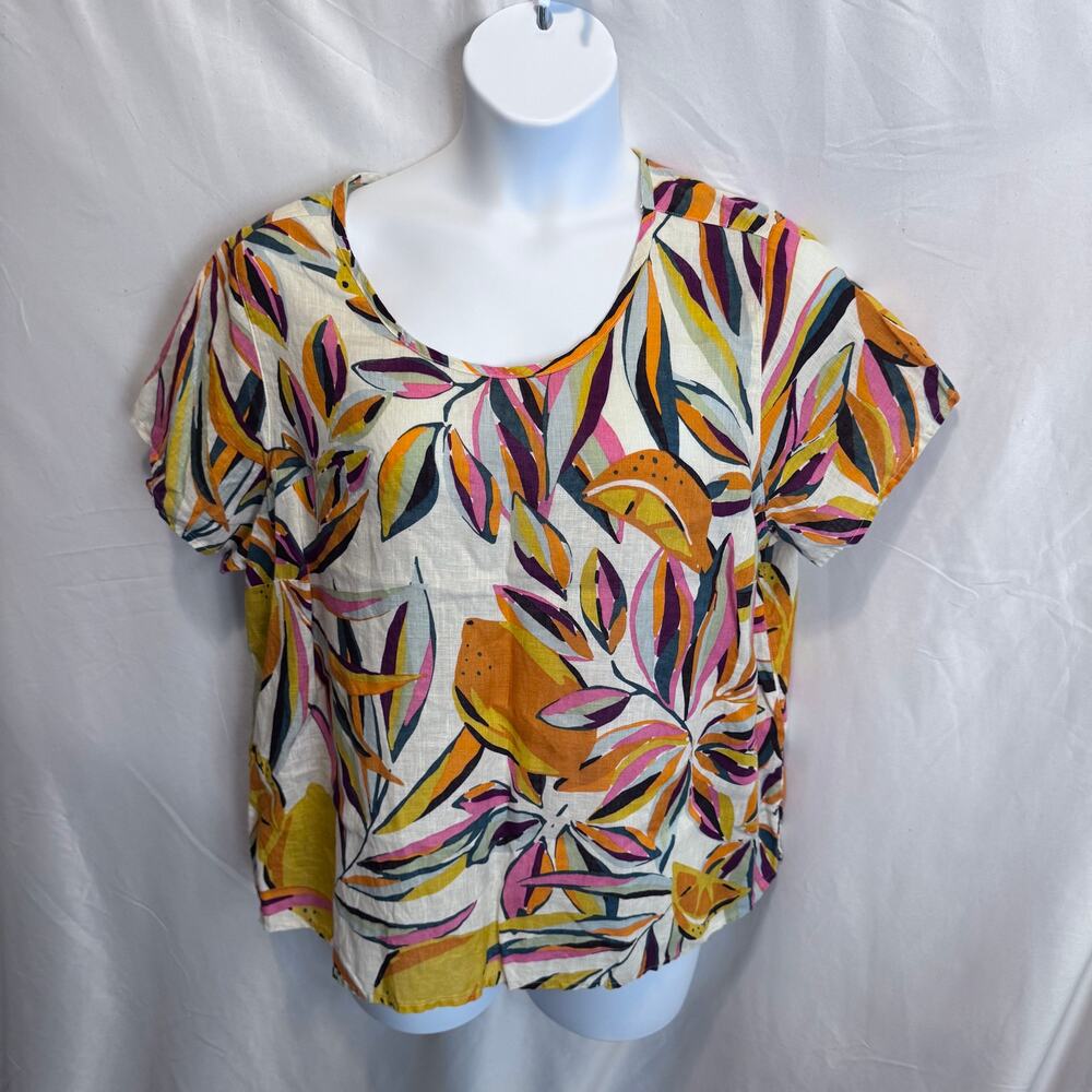 Tahari 100% Linen Tropical Fruit Print Top Women's Plus Size 2X Short Sleeve